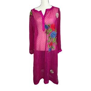 Silk Boho Sheer Embroidered Floral Tunic Pink Long Sleeve Kurta Style Large VTG